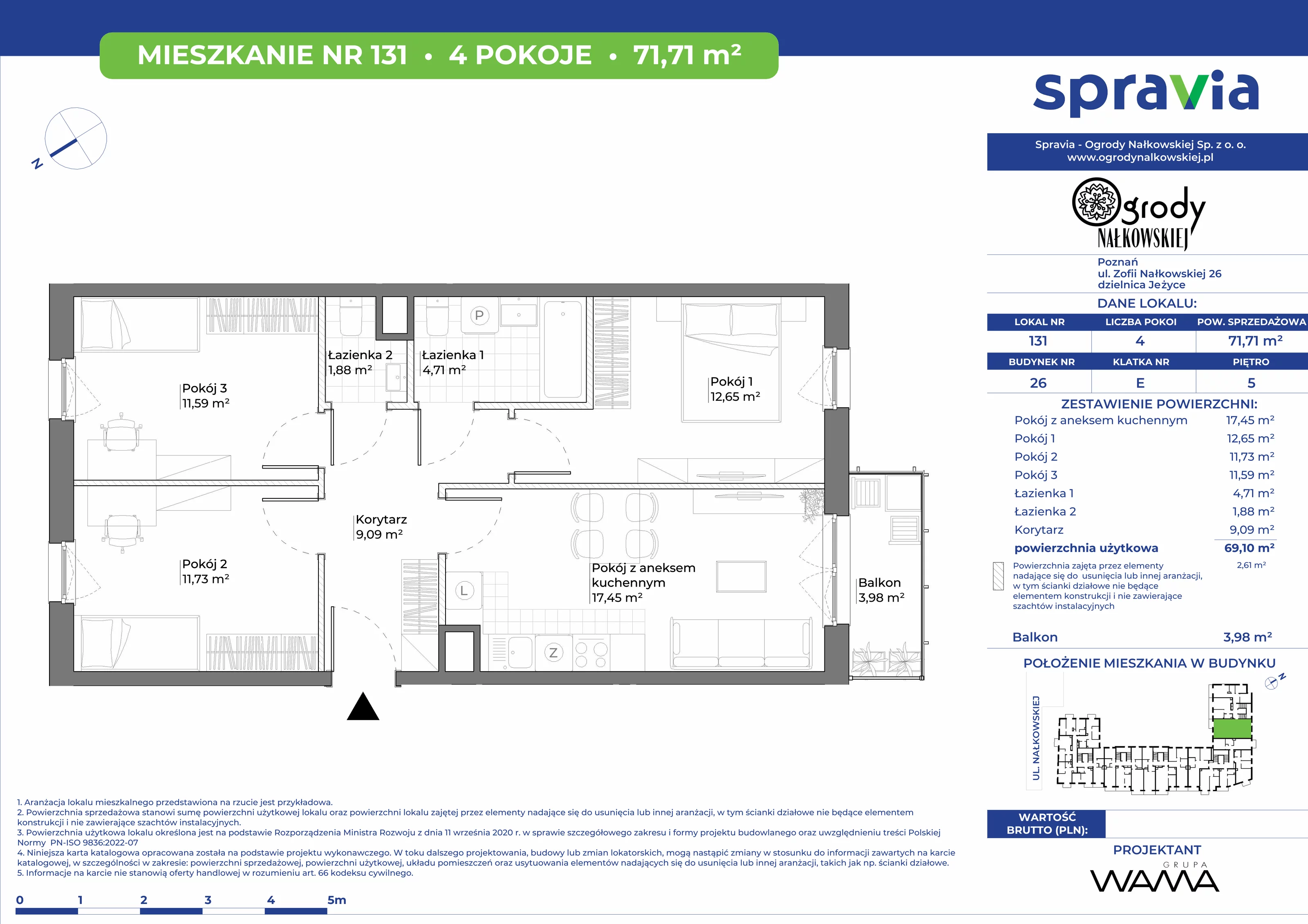 4 pokoje, mieszkanie 71,71 m², piętro 5, oferta nr 26-131, Ogrody Nałkowskiej, Poznań, Ogrody, ul. Nałkowskiej 24, 26